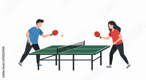Man and woman playing table tennis, a flat vector illustration of a ping pong game with two players, rackets, and a ball over the net.