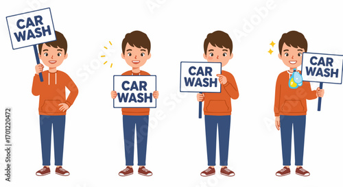 Young man advertising car wash service with multiple poses, holding "Car Wash" signs, including one with a soap bottle for promotional purposes.