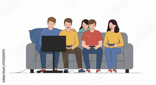 Friends enjoying a video game session together on a sofa, illustrating leisure, technology, and shared fun.