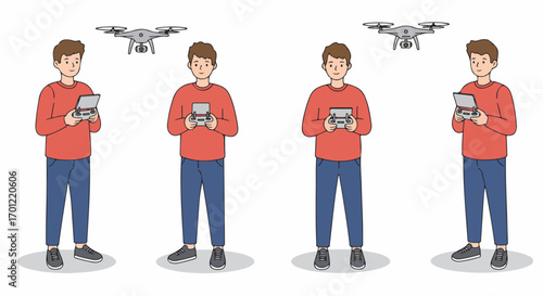 Young Man Operating Drones with Remote Controls: Flat Illustration of Modern Technology and Aerial Photography Hobby