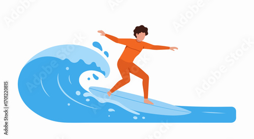 Flat vector illustration of a person in an orange wetsuit surfing on a blue wave, perfect for summer, sport, and outdoor recreation themes.