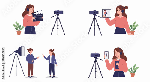 Digital content creation and video production process, with people filming, directing, and broadcasting online media and vlogs.