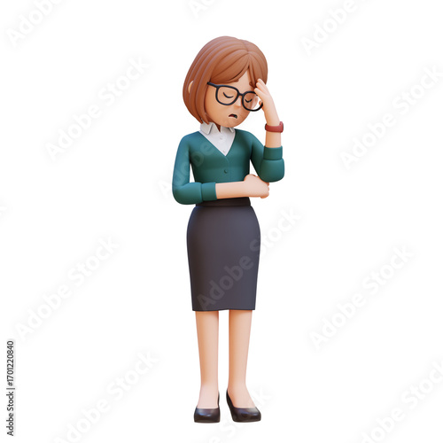 3D cartoon young female teacher character Disappointed Sighing with head down