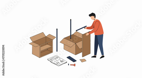 Man assembling flat-pack furniture from a box with instructions, showing DIY home improvement and new purchase setup.