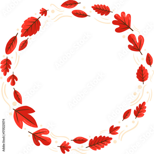 Autumn red leaves with line of wind flat design wreath frame illustration for decoration on autumn and thanksgiving festival.
