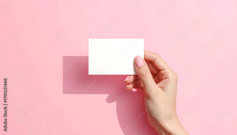 Obraz premium A blank white business card held by a hand with light pink nails against a vibrant, solid pink background.
