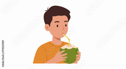 Young man enjoying a refreshing coconut drink with a straw, illustrating healthy hydration and tropical summer vibes.