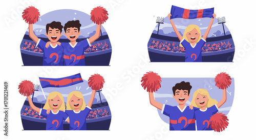 Enthusiastic young sports fans cheering in a vibrant stadium, celebrating their team with flags and pom-poms, expressing joy and unity.