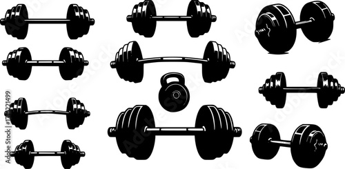 Set of illustrations of weightlifting barbells and dumbells . Design element for logo, label, sign, emblem, banner. Vector illustration
