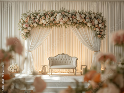 Luxurious indoor wedding stage with floral arch, draped ivory curtains, uplighting, and elegant settee for romantic reception.