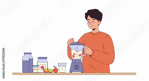 Young man preparing a healthy fruit smoothie in a blender at home, a vibrant illustration depicting a nutritious and fresh breakfast or snack.