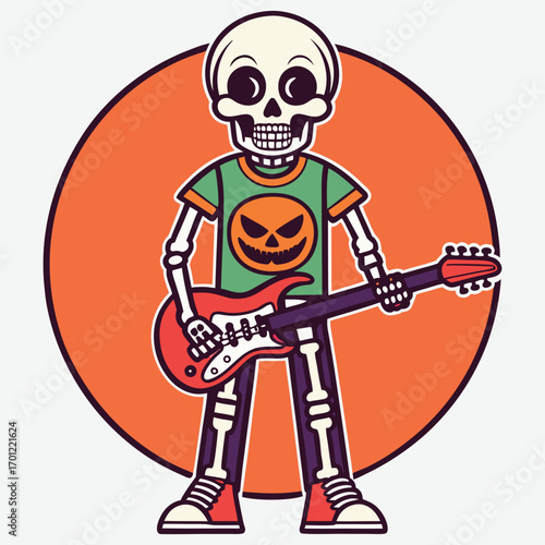 Skeleton rock star playing electric guitar with a Halloween t-shirt
