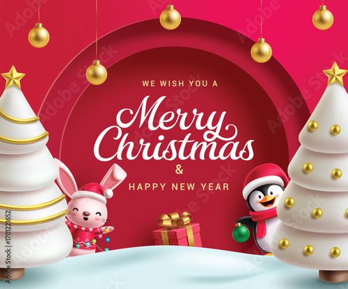 Merry Christmas red greeting card clipart design. Wishing Merry Christmas and happy new year in red paper cut background clip art with elegant pine tree, cute bunny, penguin characters