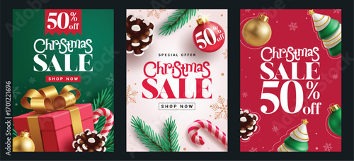 Christmas Sale poster clipart set. Christmas Sale 50% off shopping discount with xmas elements in colorful background for December special offer promo flyers card template clip art collection