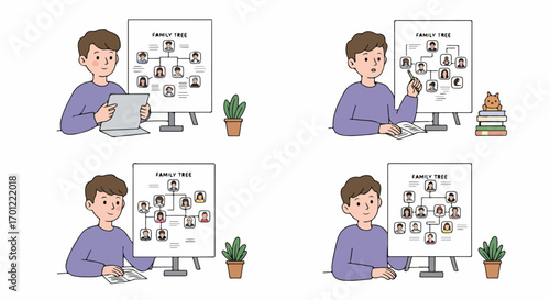 Young man actively researching and documenting his family tree, exploring ancestral connections and personal heritage through detailed genealogical study.