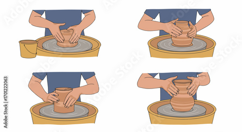 Pottery Making Process: Hands Shaping Clay on a Spinning Wheel, Crafting a Ceramic Pot Step-by-Step