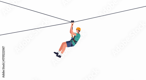 Flat illustration of an adventurous man zip-lining with safety gear, depicting outdoor recreation and thrill against a white background.