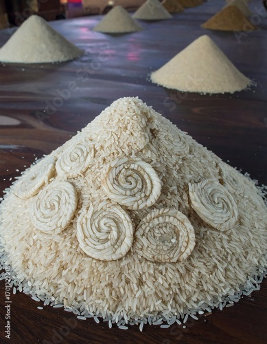 Pile of rice with decorative treats