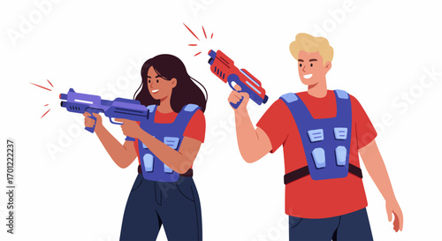 Happy young couple enjoying a fun game of laser tag, wearing vests and holding futuristic laser guns, symbolizing entertainment and interactive leisure activity.