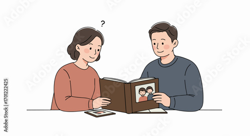 Happy couple exploring old memories in a photo album with a touch of curiosity and reflection.