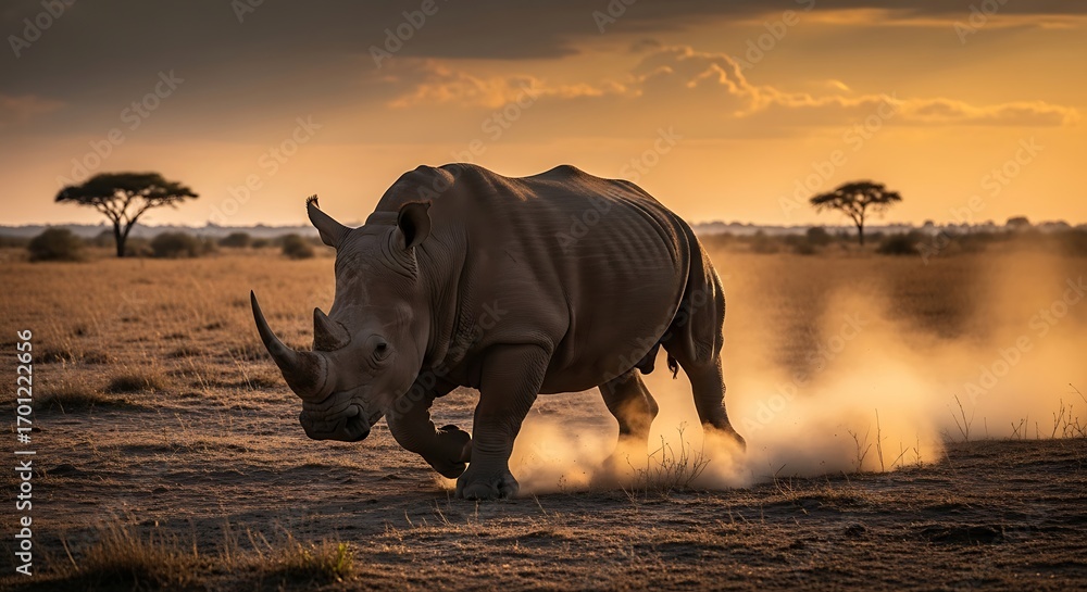 Fototapeta premium Powerful rhino charges through golden savanna at picturesque sunset