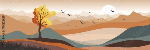 Autumn stylized landscape, minimalistic landscape, vector illustration, panoramic view