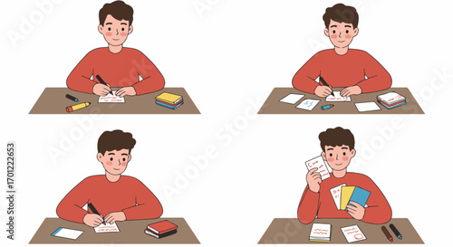 Young boy studying, writing, and reviewing flashcards at a desk, depicting learning, education, and student development.