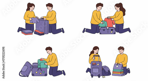 Happy couple packing suitcases and backpacks, organizing clothes for a trip or vacation. Travel preparation process with smiling characters.