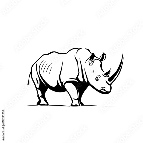 Illustration of a rhinoceros standing with its horn prominently displayed in black and white vector format