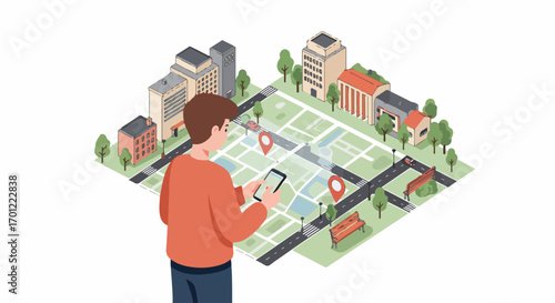 Man using smartphone for navigation on a stylized isometric city map with location pins, representing mobile app and GPS technology for urban exploration.
