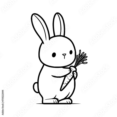 A cute cartoon rabbit standing upright and holding a carrot with both paws in black and white outline