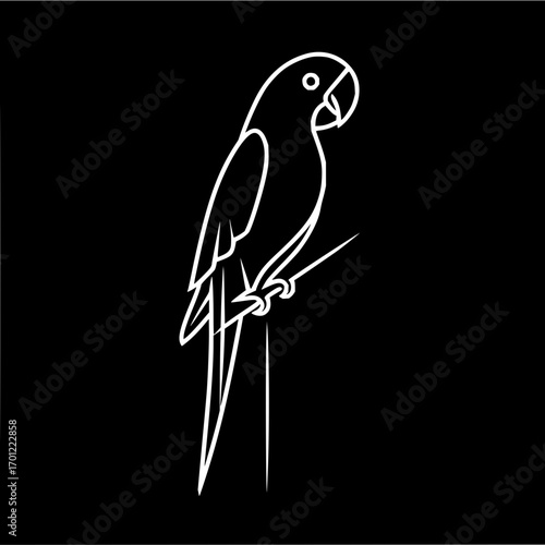 A minimalist line drawing of a parrot perched on a branch against a black background is shown here