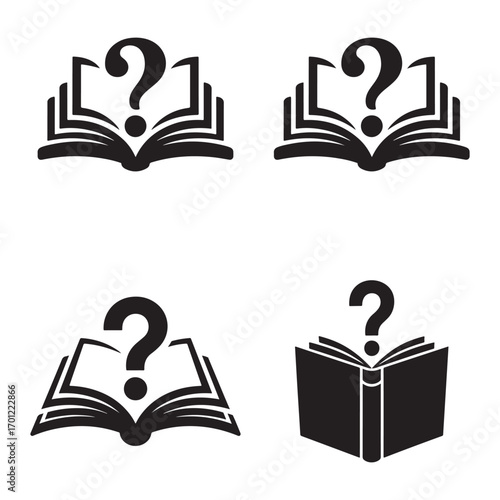 Four Open Books with Question Marks, Ideal for Education or Knowledge Concepts