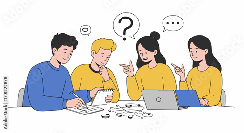 A diverse team of colleagues brainstorming ideas, collaborating on a project, and problem-solving with laptops and notebooks in a creative discussion.