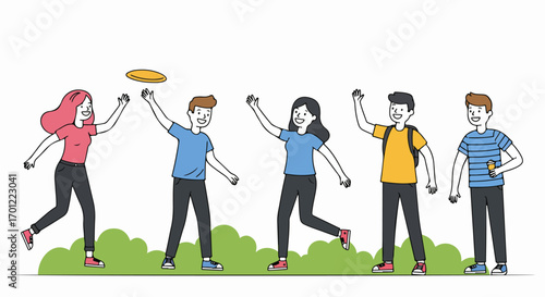 Diverse young friends playing frisbee outdoors, depicting teamwork, friendship, and an active, joyful lifestyle in a flat design illustration.