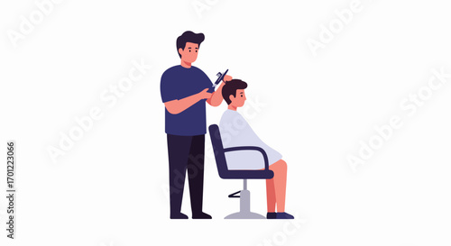 Professional barber giving a modern haircut to a male client in a barbershop. Flat design illustration depicting hair care service.
