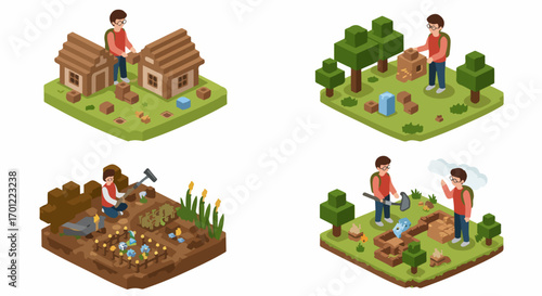 Isometric block world adventures: A character builds, crafts, farms, and explores, illustrating creative survival and resource gathering in a pixelated landscape.