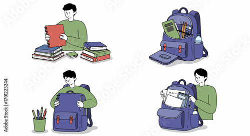 Student preparing for school, organizing books and supplies into a backpack, illustrating back-to-school readiness and educational routine.