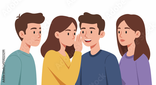 Young woman whispers a secret to a smiling man, while others observe, illustrating gossip and social communication.