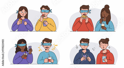 Diverse young adults participate in blind taste tests, exploring different food and drink reactions and sensory perception experiments.