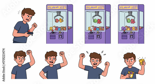 Young boy's emotional roller coaster at the claw machine: from frustrated attempts to triumphant victory, winning a handful of toys.