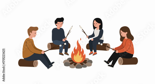 Friends enjoy a cozy campfire, roasting marshmallows on logs, illustrating outdoor leisure, social gathering, and shared moments of fun and relaxation.