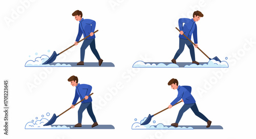 Four vector illustrations of a man in blue actively shoveling snow, representing winter maintenance, cold weather work, and seasonal chores.