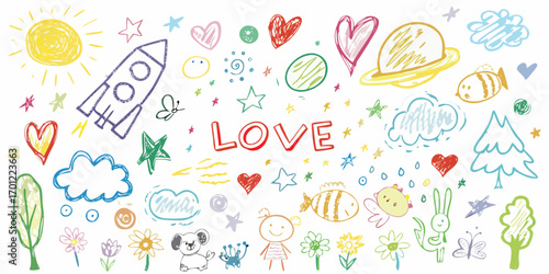 Whimsical hand drawn doodles featuring love rocket sun stars planets clouds flowers and cute animals