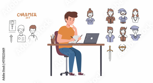 Creative process of a game designer illustrating fantasy characters, armor, and weapons for a 'Charmer Set' on a white background.