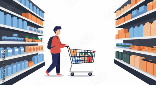 Young man with a backpack pushing a full shopping cart in a bright supermarket aisle, surrounded by shelves stocked with various grocery products.