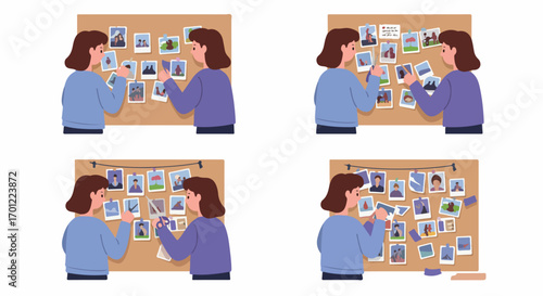 Creative women collaboratively organizing and curating memories and ideas on a cork board, arranging photos and notes for a visual project or mood board.