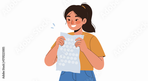 Smiling young woman celebrates good news or exam results on a paper, looking happy and relieved with her achievement.