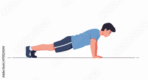 Young man performing a plank exercise or push-up preparation. Focused on fitness, strength training, and healthy lifestyle. Flat vector illustration of core workout.