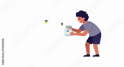 Happy boy catching fireflies in a jar. Childhood summer night fun with glowing insects.